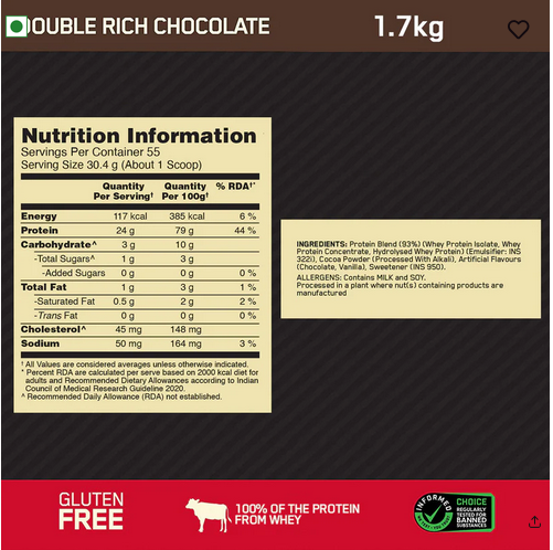 Gold Standard 100% Whey Protein Powder Double Rich Chocolate 1.7 kg