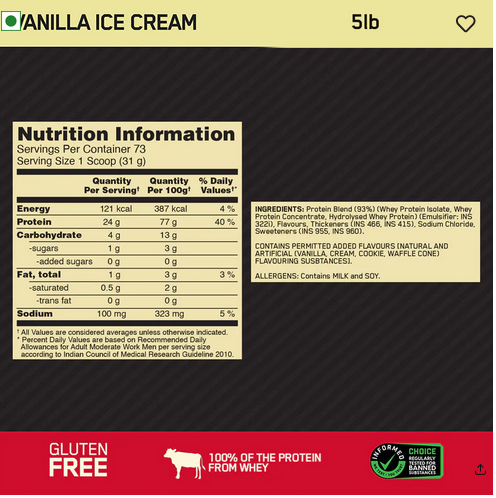 Gold Standard 100% Whey Protein Powder Vanilla Ice Cream 5 lbs