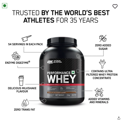 Optimum Nutrition (ON) Performance Whey Protein Powder, 24g Protein,2Kg (Chocolate Milkshake), Ultra-Filtered and Concentrated All-Whey Protein