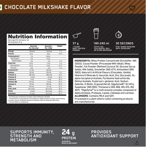 Optimum Nutrition (ON) Performance Whey Protein Powder, 24g Protein,2Kg (Chocolate Milkshake), Ultra-Filtered and Concentrated All-Whey Protein