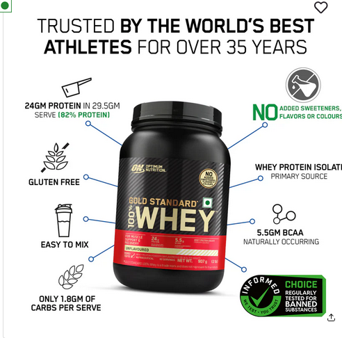 Unflavoured Optimum Nutrition (ON) Gold Standard 100% Whey Protein Powder - 2 lb, 907 g