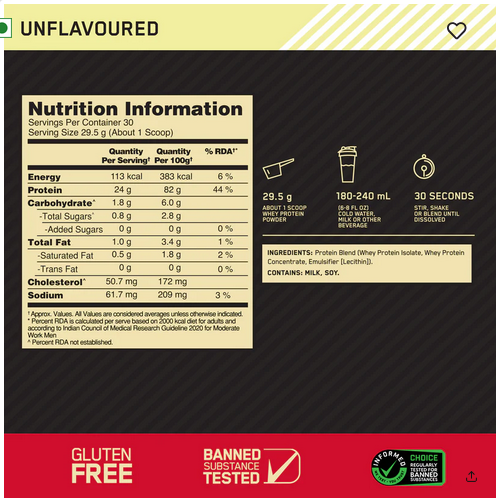 Unflavoured Optimum Nutrition (ON) Gold Standard 100% Whey Protein Powder - 2 lb, 907 g