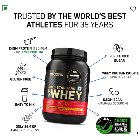 Optimum Nutrition (ON) Gold Standard 100% Whey Protein Powder 2 lb, 907g (Alphonso Mango)