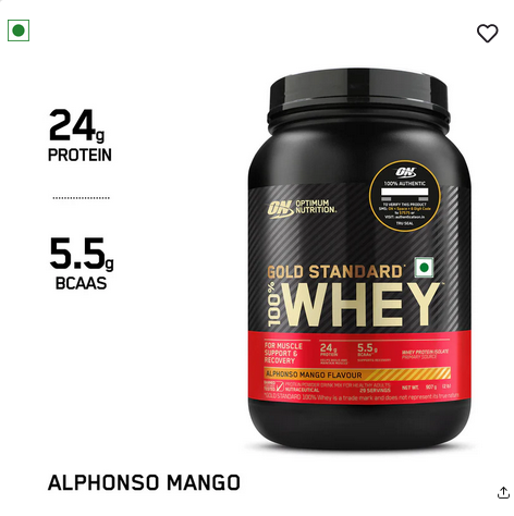 Optimum Nutrition (ON) Gold Standard 100% Whey Protein Powder 2 lb, 907g (Alphonso Mango)