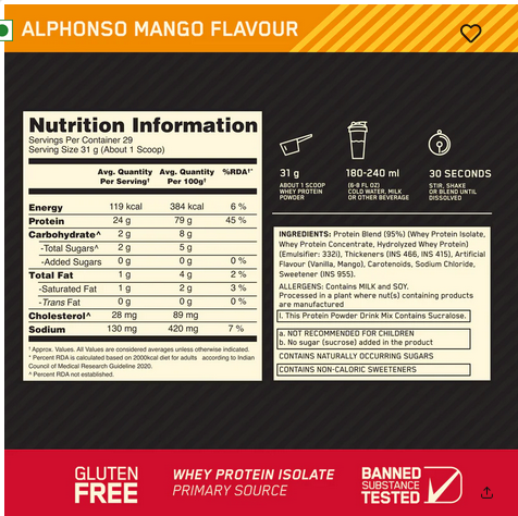 Optimum Nutrition (ON) Gold Standard 100% Whey Protein Powder 2 lb, 907g (Alphonso Mango)
