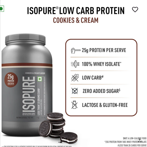 Isopure Cookies & Cream - 1kg / 2.2lb (Low Carb, Lactose-Free, Zero Added Sugar)