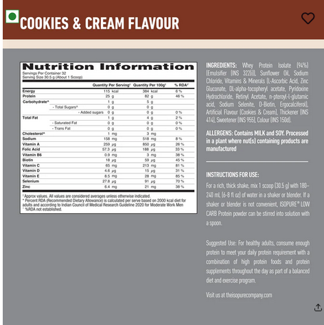 Isopure Cookies & Cream - 1kg / 2.2lb (Low Carb, Lactose-Free, Zero Added Sugar)