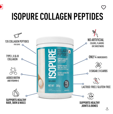 Isopure Collagen Peptides (12g/serve) with Type I,II & III Collagen (Unflavoured)- 250g