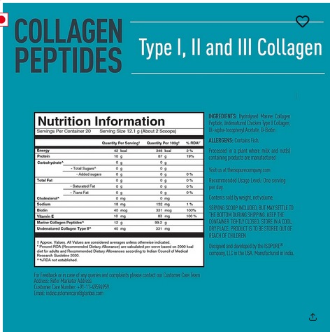 Isopure Collagen Peptides (12g/serve) with Type I,II & III Collagen (Unflavoured)- 250g