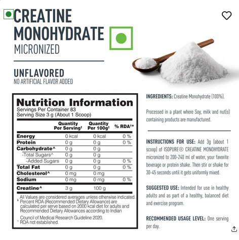 Isopure 100% Creatine Monohydrate Micronized, 250g- 83 servings, Increase Lean Muscle Mass, Enhances Muscular Endurance